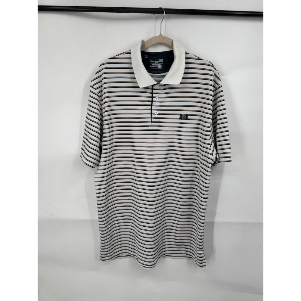 Under Armour Golf Polo Shirt Men L‎ Ivory Yellow Black Stripe HeatGear Athletic